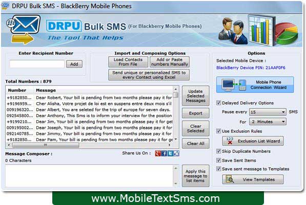 Blackberry Text SMS Software screenshot