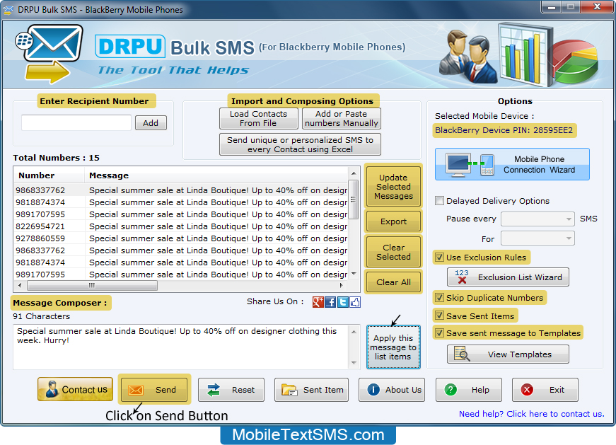 BlackBerry Mobile Text SMS Tool screenshot