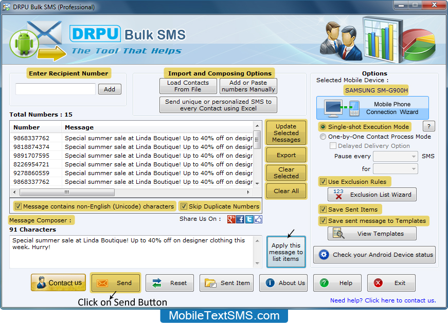 Android Mobile Text SMS Software screenshot